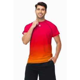 Mens Rash Guard Shirts Short Sleeve Sun Protection Swimming Tee Quick Dry Diving Top Gradient Red Orange XL