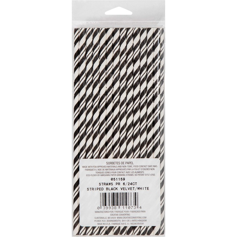 Creative Converting Striped Eco-Flex Bendable Paper Straws-24 Pcs, Black/White, One