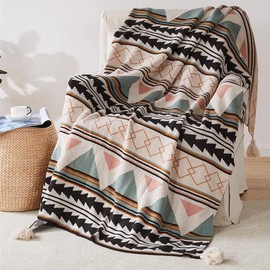 Jemsia Bohemian Throw Blanket Knitted Geometric Patterns Sofa Blanket Camping Travelling Soft Cozy Woven Shawl Decor Throws with Tassels for Armchairs Couch Bed Throws, 127 x 152cm