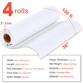 Plotter Paper 36" x 150', 2" Core 4.2 mil - 80 g/m² 20lb Bond Tracing Paper Roll for Wide Format Ink Jet Printers | Architectural Blueprints, Engineering Drawings, CAD, Custom-Sized Prints (4 Rolls）