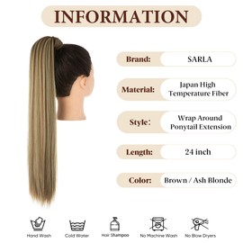 SARLA Straight Ponytail Hair Extension Highlights Wrap Around Long 24 Inch Synthetic Hairpiece for Women