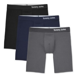 Tommy John Men’s Underwear, Cool Cotton Boxer Briefs with Contour Pouch and Longer 8" Inseam, Comfortable, Breathable Fabric Underwear for Men, Mesh Quick Dry, 3 Pack (Black/Iron Grey/Navy/Medium)