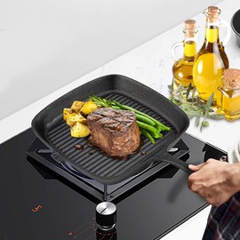 Grill Pan, Cast Iron Grill Pan Steak Frying Pan Food Meals Gas Induction Cooker Cooking Pot Kitchen Cookware for Steak, Fish and BBQ, 9.53 x 9.06 x 1.18in