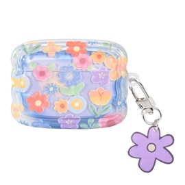 Newseego Airpods Pro 2 Case Cover for Girls Women, Cute Flower Pattern Wave Frame Soft TPU Shockproof Full Protection Cover with Keychain for Airpods Pro 2nd Generation 2022 Charging Case