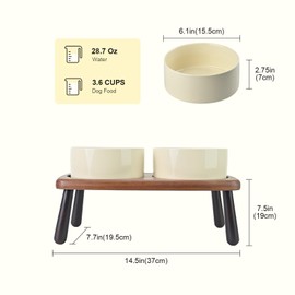 SPUNKYJUNKY Ceramic Elevated Dog Bowls Raised with Acacia Bamboo Wooden Stand, 6.1'' Dog and Cat Food Water Bowls Set Non-Slip for Small Medium Sized Breed Microwave Dishwasher Safe - 28.7 OZ,Beige