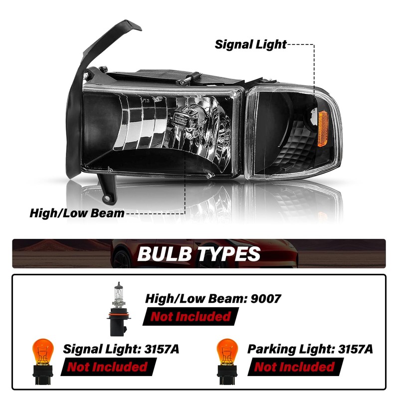 Bingbingmotor BRYGHT Headlight Assembly Fit for 94-01 Dodge Ram 1500