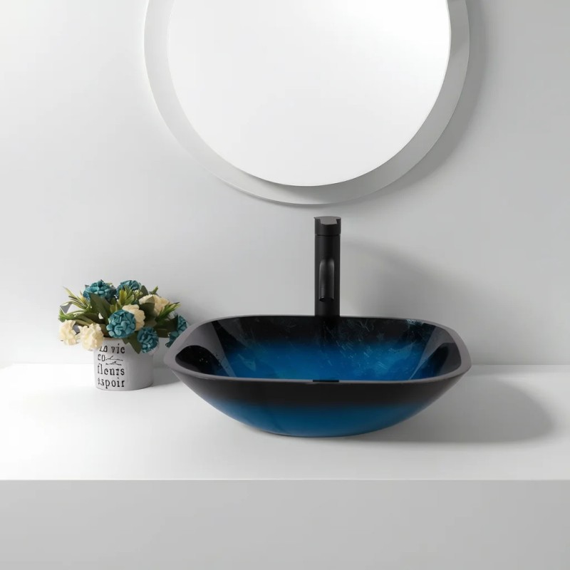 Blue Artistic Tempered Glass Vessel Sink With Faucet And Pop