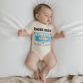 Funny Best Mix Mom & Dad Retro Cassete Tape Bodysuit, Pregnancy Announcement, 80's Themed Baby Onesie(3-6Months,Beige Cassete)