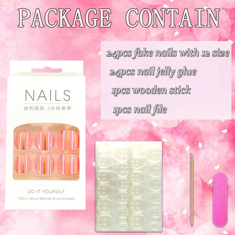 Vezocim Press on Toenails with Gold White Line Designs, 24Pcs