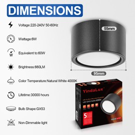 YindaLux 1 x LED surface-mounted spotlight, black, 230 V, diameter 95 x 55 mm, ceiling surface-mounted beam including 6 W GX53 bulb, neutral white, 4000 K, 660 lm, ceiling spotlight, surface-mounted