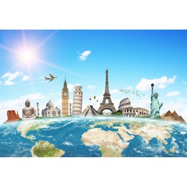 7x5ft World Map Global Travel Backdrop Worldwide Famous Landmark Buildings Around The World Travel Photography Background Around The World Birthday Party Decor Photoshoot Props