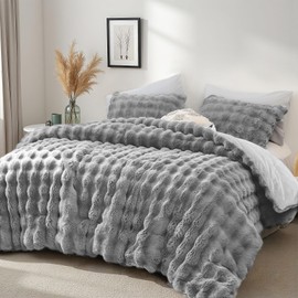 YIKUSH Light Gray Comforter Set King – Ultra Soft & Warm Faux Fur Comforter for Winter, Elegant Fluffy Comforter King Set with Pillowcases, Cozy Gray Bedding Set