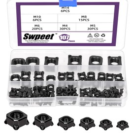 Swpeet 107Pcs 6 Sizes M4 M5 M6 M8 M10 M14 Square Weld Nuts Assortment Kit, Square UNC Coarse Carbon Steel Machine Screw, Welding Nuts Fasteners for Furniture Vehicles Caster and Industry Machine