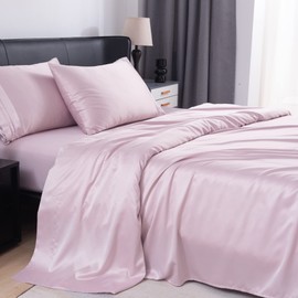 MISERRO King Silk Sheets - 100% Luxury Satin Bed Sheets Set - 4pc Cooling Sheets for King Size Bed - 16" Deep Pocket (Pink)