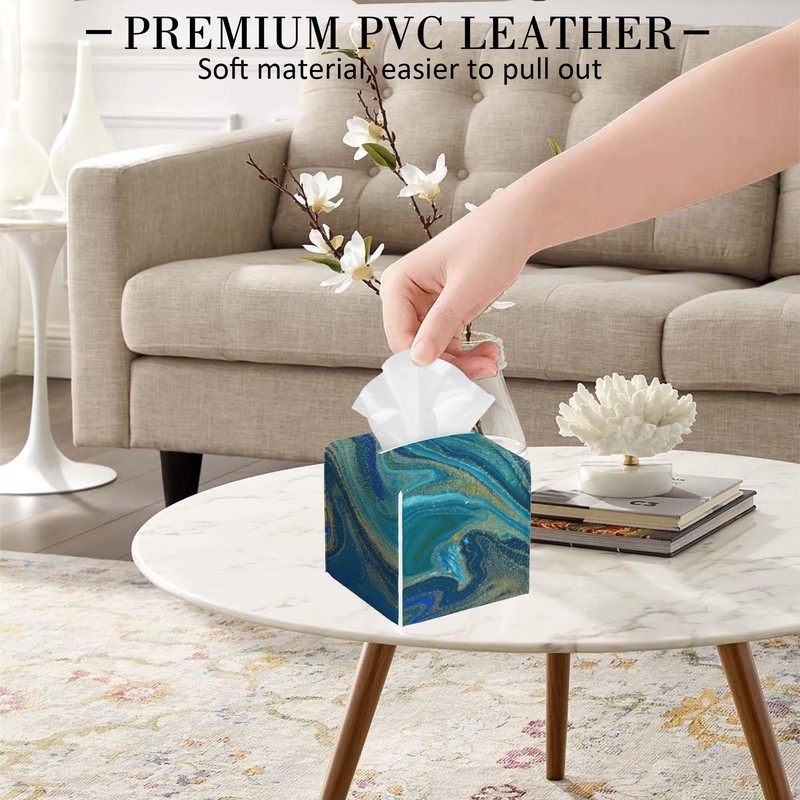 POIUBLE Leather Tissue Box Holder Blue and Gold Liquid Marble