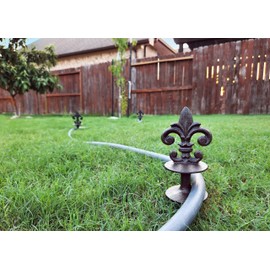 Lulu Decor, Cast Iron Garden Fleur de lis Hose Guides Antique Black, Set of 4. Strong and Decorative Hose Guide that Protects Your Plants and Provides Elegance to Your Garden.