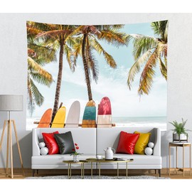 Loccor Summer Beach Surfboard Tapestry 80x60 Inch Vintage Surfs Up Palm Tree Seaside Wall Hanging Nature Wall Tapestries Surfing Home Decorations for Living Room Bedroom Collage Dorm Decor