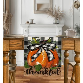 LTLYH Thankful Pumpkin Table Runner – 13 x 72 Inch Buffalo Plaid Fall Table Runner with Burlap and Orange Pumpkin for Thanksgiving Autumn Farmhouse Kitchen Dining Decor T007