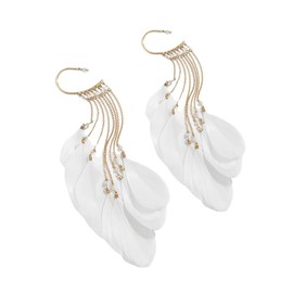 Jumwrit Bohemian Feather Ear Cuff Earrings Feather Dangle Earrings Long Tassel Ear Wrap Earrings Statement Crawler Climber Earrings for Women（White）