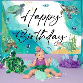 JOYMEMO 5x3ft Turtle Happy Birthday Backdrop Green - Watercolor Sea Turtle Theme Birthday Decorations Boys Girls, Under The Sea Turtles Themed Photography Background for Ocean Animal Birthday Party