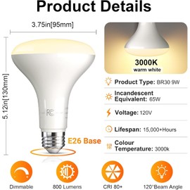 LED Flood Light Bulb Indoor, Dimmable BR30 Recessed Can Light Bulbs, 65 Watt Equivalent Efficient 9W, Warm White 3000K, E26 Standard Base, 800 LM 15000 Hour Lifetime, for Ceiling, Kitchen, 4 Pack