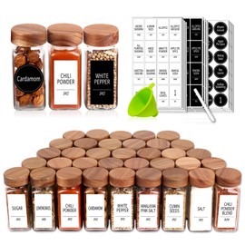 Churboro 48 Spice Jars with 547 Labels and Shaker Lids - Glass - 4 Oz Square Containers with Acacia Wood Lids, Chalk Pen, Funnel Seasoning Jars for Spice Rack, Cabinet, or Drawer