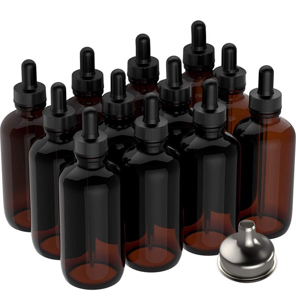12 Pack Essential Oil Dropper Bottles (4 oz) 120ml Round Boston Empty Refillable Amber Bottle with Glass Dropper [ Free Stainless Steel Funnel ] for Liquid Aromatherapy Fragrance Lot
