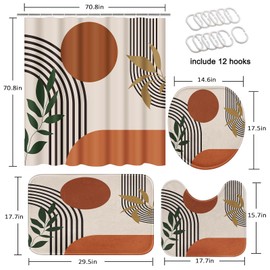 Tayney Boho Mid Century Shower Curtain Set with Toilet Lid Cover and Non-Slip Rugs, Abstract Geometric 4 Pcs Modern Minimalist Shower Curtain for Bathroom Set with 12 Hooks