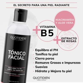 Tónico Facial Quotidien Con Agua De Rosas + Vitamina B5 + Niacinamida - Skincare - Toner Skin Care Piel Grasa - Limpiador Facial - Hidratante -Antioxidante - Anti manchas - Aclara - 350ml