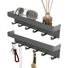 SZUGCOTD 2 Pieces Key Holder for Wall Rustic Key and Mail Organizer 6 Key Hooks with Shelf Small Key Rack with Tray Adhesive Key Hanger Wall Mount for Entryway Hallway, Metal, Gray