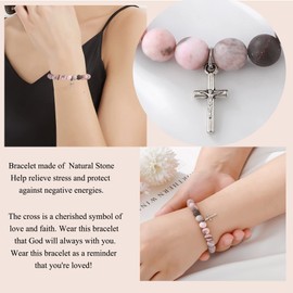 QWNHONEY Gift for Mom From Son Cross Beads Bracelet Pink Nature Stone Catholic Religious Faith Jewelry Gifts