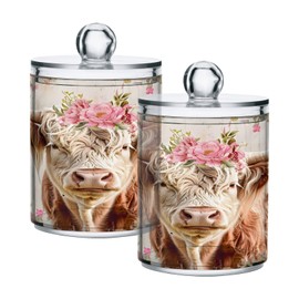ALAZA 2 Pack Qtip Holder Highland Cow Pink Flower, Cotton Swab Dispenser with Lid Bathroom Containers Canister Organizer Storage Jar