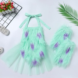 Toddler Baby Girl Christmas Heart Faux Blue Monster Costume Tulle Tutu Romper Dress with Green Fuzzy Fur Leg Warmers Santa Hat Costumes Party Xmas Holiday Outfit Clothes Set Blue Aqua Fur 18-24 Months