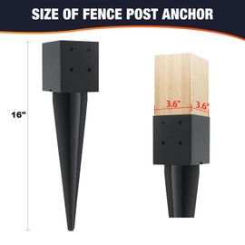 1 Pcs 4x4 Fence Post Anchor Ground Spike 16"(Inner Size 3.6"x3.6") Black Powder Coated–Mailbox Post Anchors, for Deck,Fence,Railing,Mailbox..