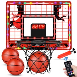 Basketball Hoop Indoor for Kids-Over The Door Mini Basketball Hoop with LED Light, Scoreboard, Remote Control and 3 Modes & Balls-Boys Girls Toys for Ages 3 4 5 6 7 8 9 10 + Years Old Birthday Gifts