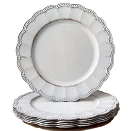 Umisriro White Antique Charger Plates,13 Inch Metallic Chargers for Dinner Plates, Bead Rim Plastic Chargers For Dining, Wedding, Party,Shower. 6 Pack Decorative Holiday Tabletop Decor