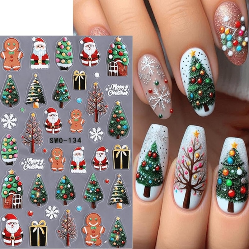 4Pcs Christmas Nail Stickers 5D Embossed Christmas Lights Xmas Tree