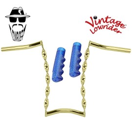 Vintage Lowrider Vtg Lowrider 15" Handlebar CURVED Twisted 25.4mm Gold & Grips Sparkle Blue.