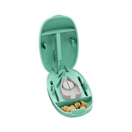 Safety Pill Splitter with Blade Shield, Travel Pill Cutter with Silicone V-Shaped Holder, Small Pill Slicer with Storage (Green)