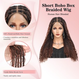 Zurffiy 13x8 Inch HD Lace Short Boho Braided Wig Knotless Braided Wigs for Women with Curly End Synthetic Hair Box Braid Wig with Baby Hair Brown 18 Inch