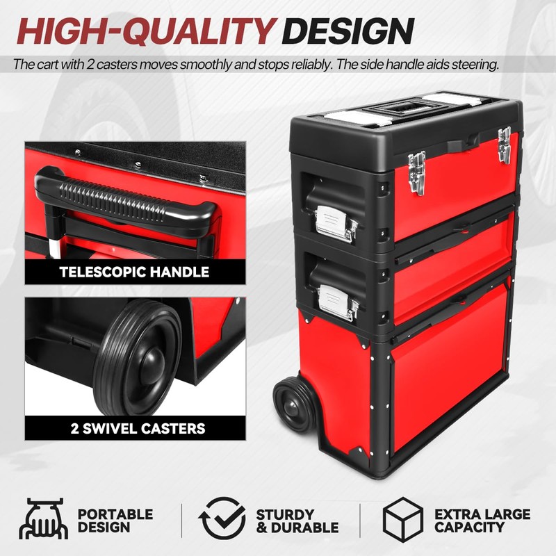 D SOLUTIONS Rolling Tool Box, 3-Drawer Stackable Garage Organizer Storage