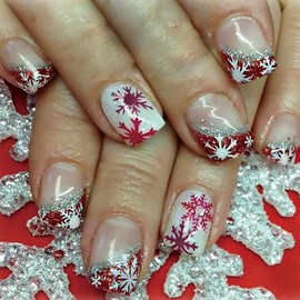Christmas Press on Nails Short Square Fake Nails With White Red Snowflake Designs Xmas Red French Tip False Nails Full Cover Stick on Nail Winter Acrylic for Women 24 Pcs