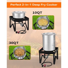 RIEDHOFF Turkey Fryer Propane Burner Kit 30QT +10QT [54,000 BTU] Seafood Boil Pot With Basket Kit, Ideal for Outdoor Cooking, 13", Black