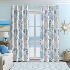 weesire Nautical Coastal Curtains Decorative Beach Ocean Seahorse Coral 50% Light Blocking Sea Darkening Grommet Curtain for Villa Living Room, Bedroom Navy Blue and White 2 Panels Set, 52x63 Inches