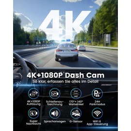 Dash Cam Car 4K + 1080P SIGRILL Dash Cam Car Front Rear WiFi Dash Cam App Control, Free 64GB Card, Ultra Night Vision Daschcam, 24H Parking Mode, G-Sensor, Loop Recording, Max 256GB