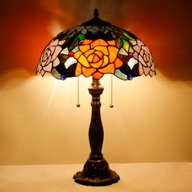 AVIVADIRECT Tiffany Table Lamp Stained Glass Orange Red Rose Flower Style Antique Desk Reading Light 16X16X24 Inches Decor for Bedroom Living Room Home Office