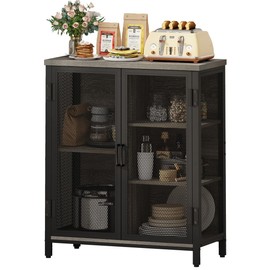 BON AUGURE Small Coffee Bar Cabinet for Liquor, Farmhouse Storage Cabinet with Doors, Wood Sideboard Buffet Cabinets for Home Kitchen, Dining Room, Living Room (Dark Grey Oak)