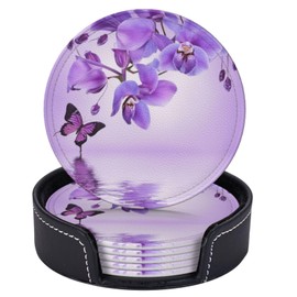 Famame 6 Pcs Orchid Purple Butterfly Leather Coasters for Drinks with Holder Coaster Sets Drink Table Cup Coasters for Living Room Kitchen Coffee Decor