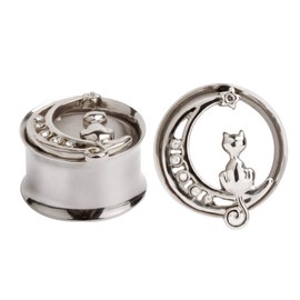 Huacan Flesh Tunnel 8 mm - 16 mm Ear Piercing Silver Black Cat Pendant with Small Zircon Moon Design Exquisite Plugs Double Flared Male Thread Expander High Quality Stainless Steel Jewellery Pack of