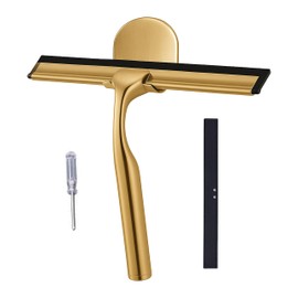 Gold Stainless Steel Shower Squeegee, Squeegee Shower with 1 Metal Hook and 2 Rubber Blades for Shower Doors, Bathroom Surfaces, Windows & Car Windscreen Cleaning